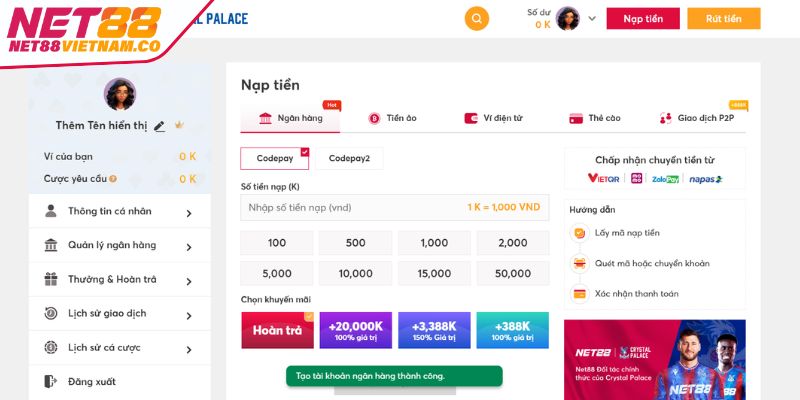 Nạp tiền qua ngân hàng